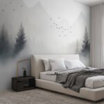 Papier peint – Sapins et oiseaux dans la brume grise
