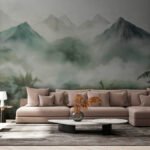 Papier peint – Montagnes vertes dans une brume dense