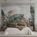 Papier peint – Feuilles vertes et beiges sur fond clair