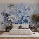 Papier peint – Jardin tropical en gravure bleue