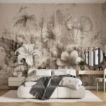 Papier peint – Jardin tropical en gravure sépia
