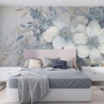 Papier peint – Fleurs blanches et bleues en bouquet