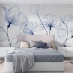 Papier peint – Fleurs au trait bleu sur fond blanc