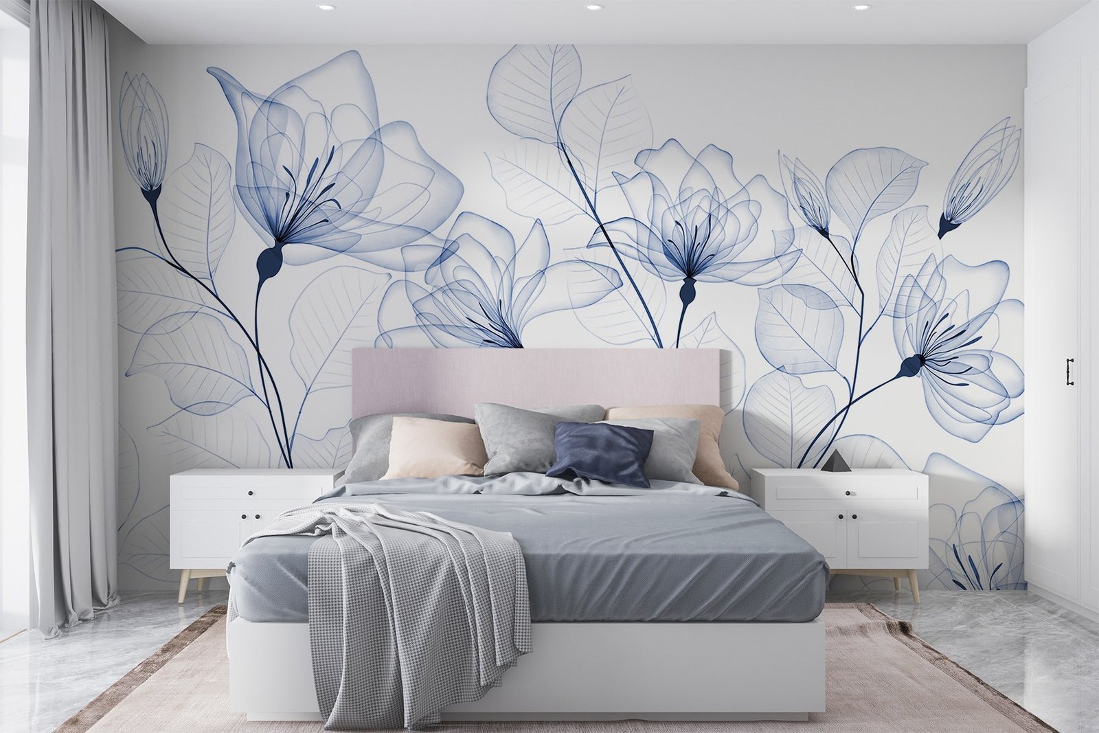 w08776pib34r.jpg Papier peint – Fleurs au trait bleu sur fond blanc – Image 1