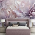 Papier peint – Grandes fleurs mauves et crème