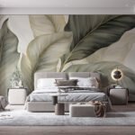 Papier peint – Grandes feuilles vert olive et crème