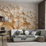 Papier peint – Arbre fleuri blanc aux branches dorées