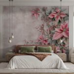 Papier peint – Fleurs roses sur fond gris texturé