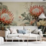 Papier peint – Proteas corail dans un décor végétal
