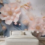 Papier peint – Fleurs roses et volutes bleues