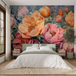 Papier peint – Fleurs roses et orangées sur fond sombre