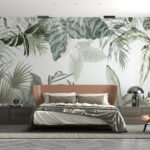 Papier peint – Feuillage tropical vert et blanc en cascade