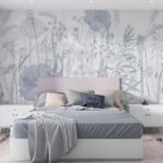 Papier peint – Fleurs au trait bleu pâle