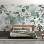 Papier peint – Bouquet blanc et feuillage vert