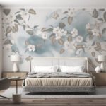 Papier peint – Bouquet blanc et feuillage gris bleu