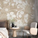 Papier peint – Fleurs blanches au trait sur fond beige