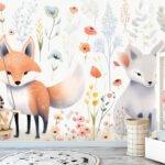 Papier peint – Renard, lapin et fleurs champêtres