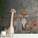 Papier peint – Girafe et renard dans un décor végétal