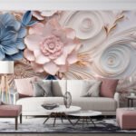 Papier peint – Fleurs pastel et volutes en relief