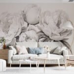 Papier peint – Pivoines blanches en dessin monochrome