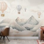 Papier peint – Montgolfières pastel au-dessus des montagnes