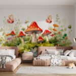 Papier peint – Champignons rouges et papillons