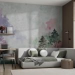Papier peint – Arbres en aquarelle rose et vert
