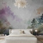Papier peint – Arbres en aquarelle bleu, mauve et vert