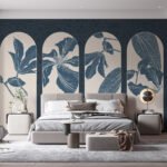 Papier peint – Feuilles bleues dans des arches crème