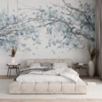 Papier peint – Branches d’arbres bleues dans la brume