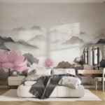 Papier peint – Montagnes grises et lotus roses