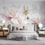 Papier peint – Lys roses et blancs sur fond clair