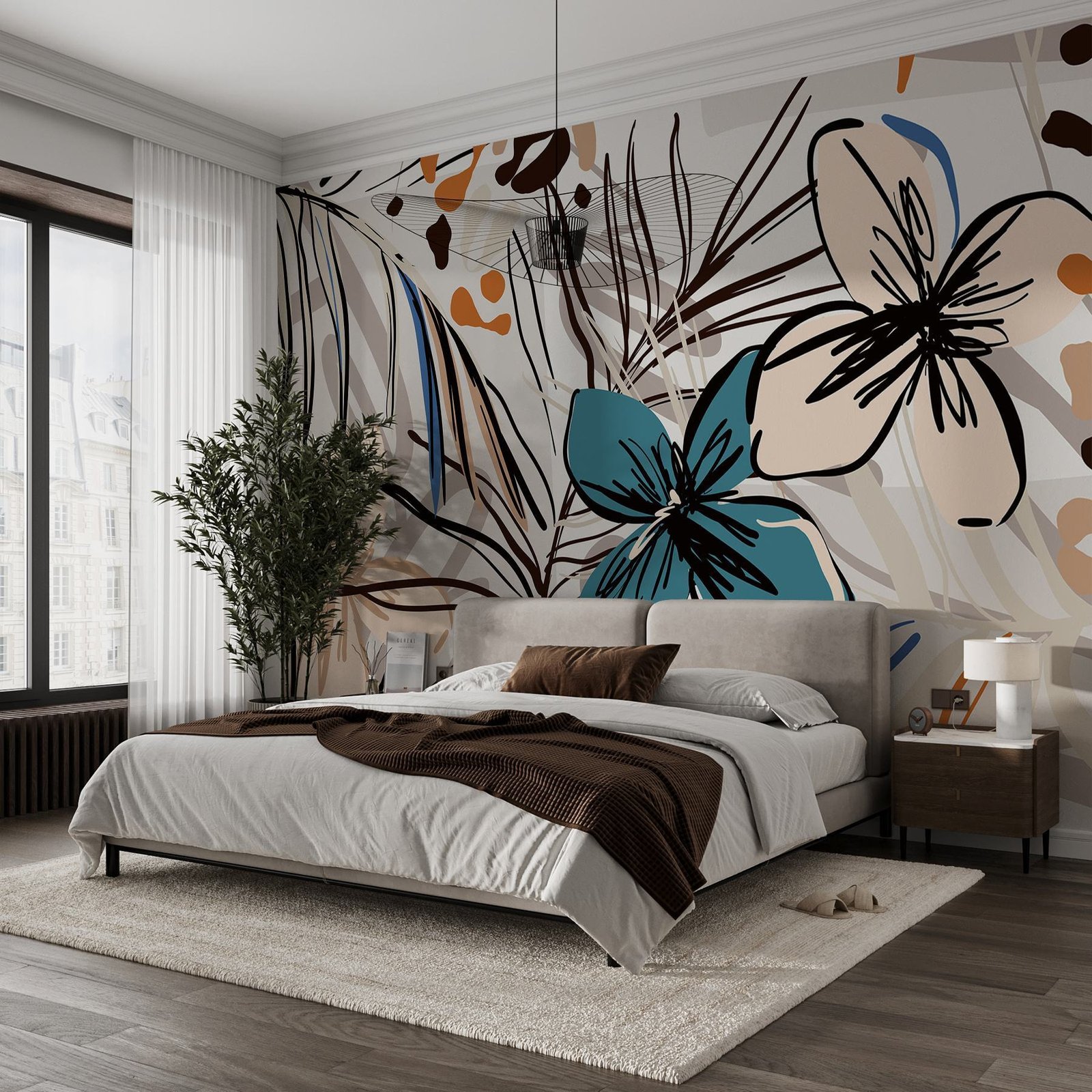 w08889pib1ms.jpg Papier peint – Fleurs au trait noir et touches turquoise – Image 1