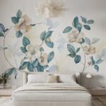 Papier peint – Feuilles bleues et crème sur branches