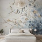 Papier peint – Fleurs bleues et beiges en cascade