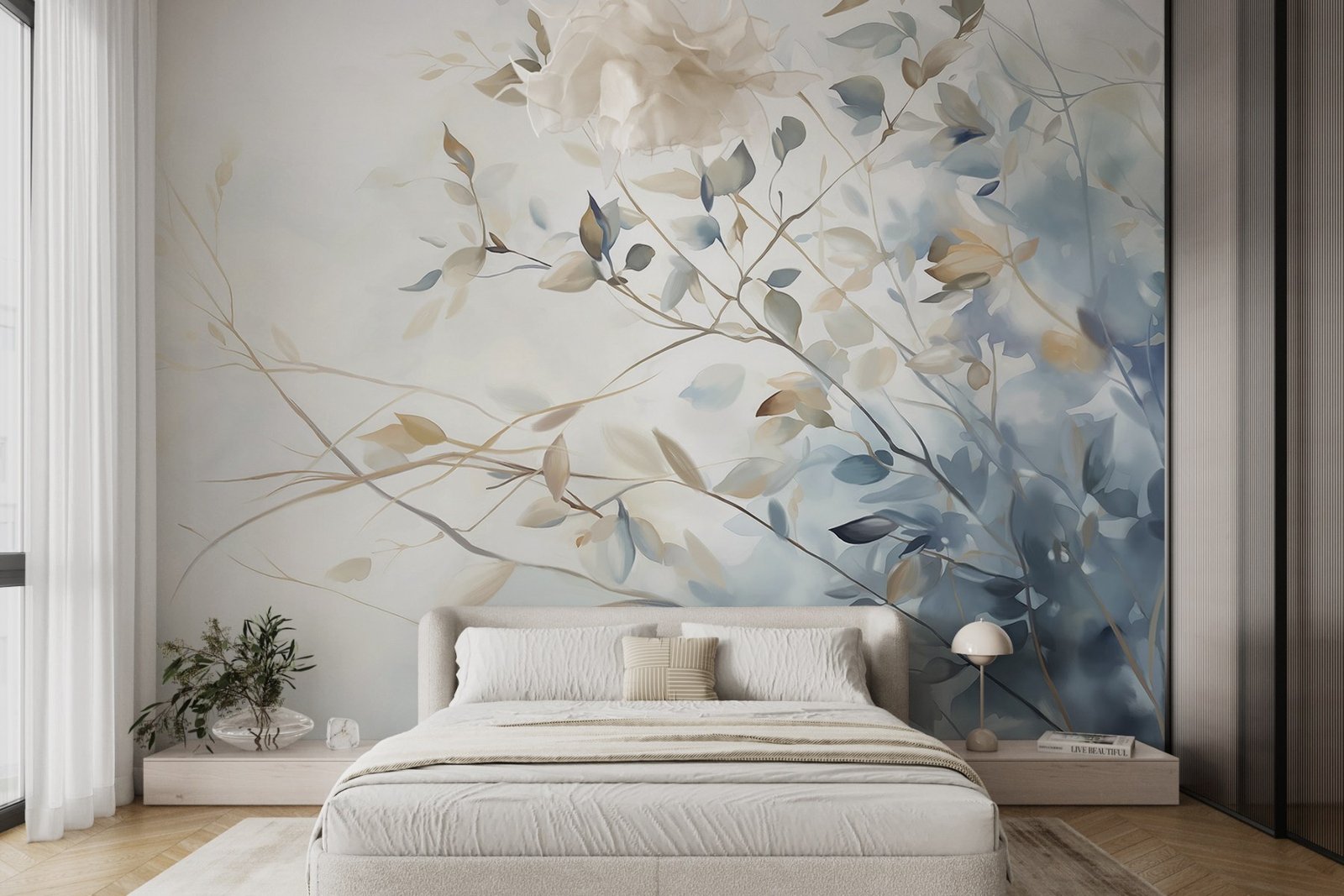 w08900pib23r.jpg Papier peint – Fleurs bleues et beiges en cascade – Image 1