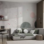 Papier peint – Cercles gris et roses sur fond texturé