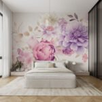 Papier peint – Dahlias roses et mauves sur fond clair