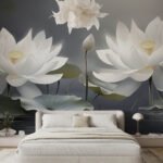 Papier peint – Lotus blancs sur fond gris