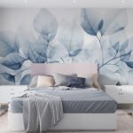 Papier peint – Feuilles bleues sur fond pastel