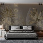 Papier peint – Feuillage doré sur fond gris sombre