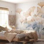 Papier peint – Feuilles de ginkgo beige et bleu