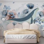 Papier peint – Bouquet bleu et rose et formes abstraites
