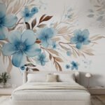 Papier peint – Bouquet bleu et feuillage doré