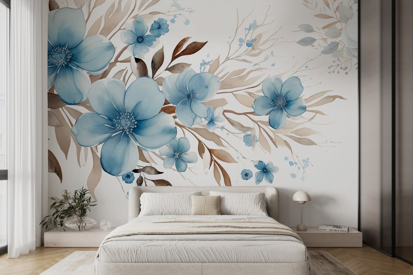w08934pib4r.jpg Papier peint – Bouquet bleu et feuillage doré – Image 1