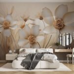 Papier peint – Fleurs crème aux cœurs dorés