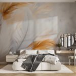 Papier peint – Plumes blanches et orange doré
