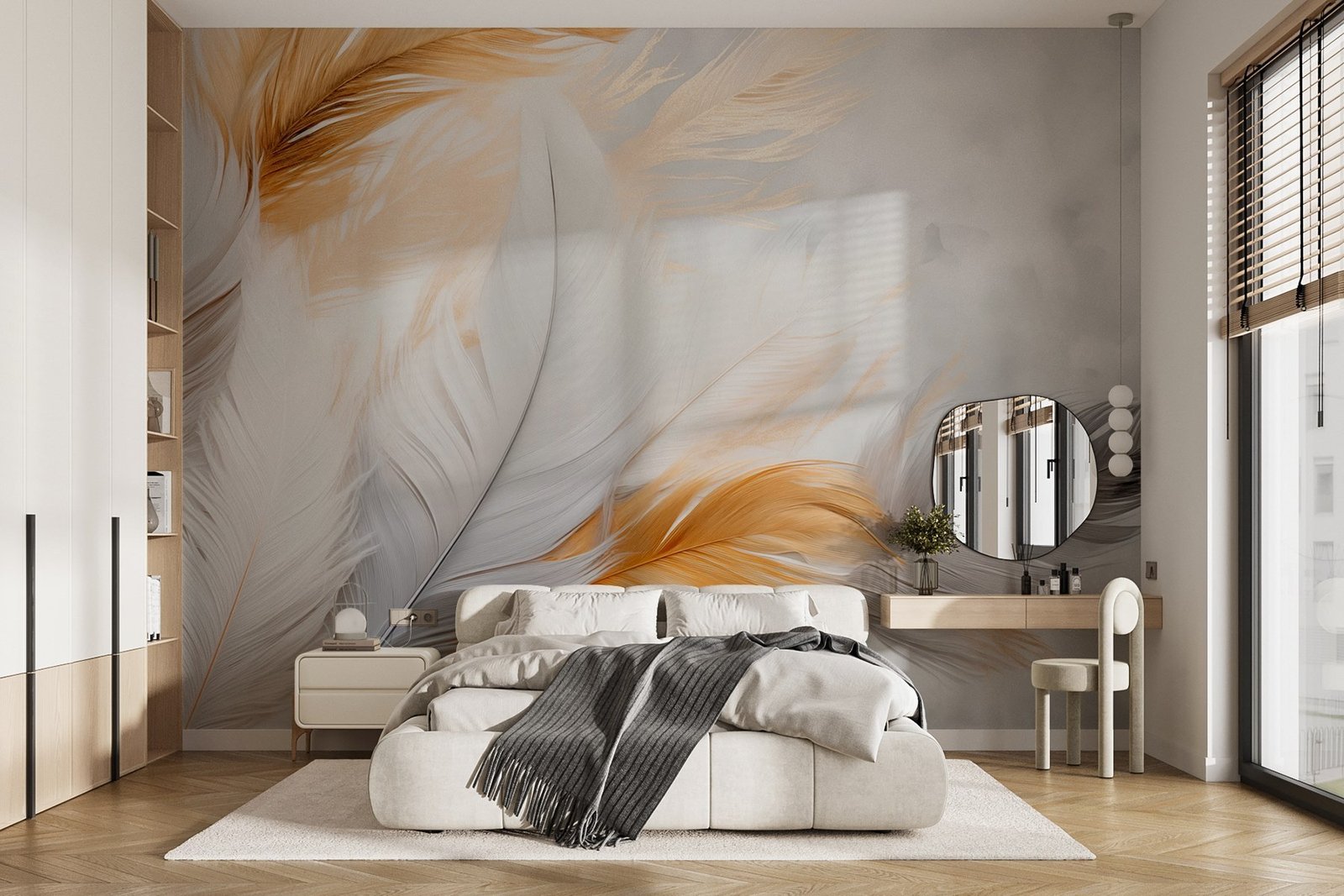 w08937pib1mr.jpg Papier peint – Plumes blanches et orange doré – Image 1