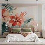 Papier peint – Fleur tropicale corail et palmes vertes