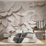 Papier peint – Fleurs blanches sculptées en relief